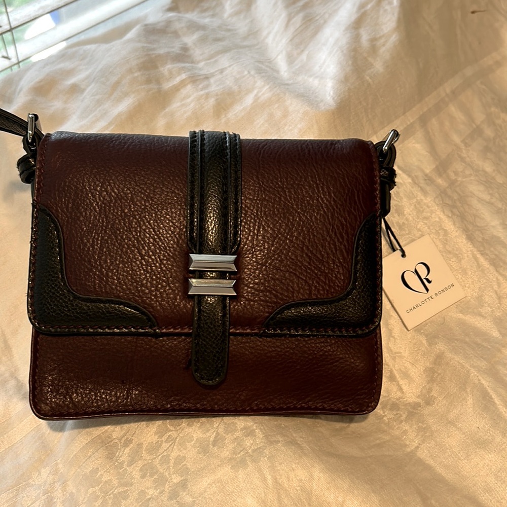 Charlotte Ronson Wine Black Leather Crossbody Bag CR131005 NEW